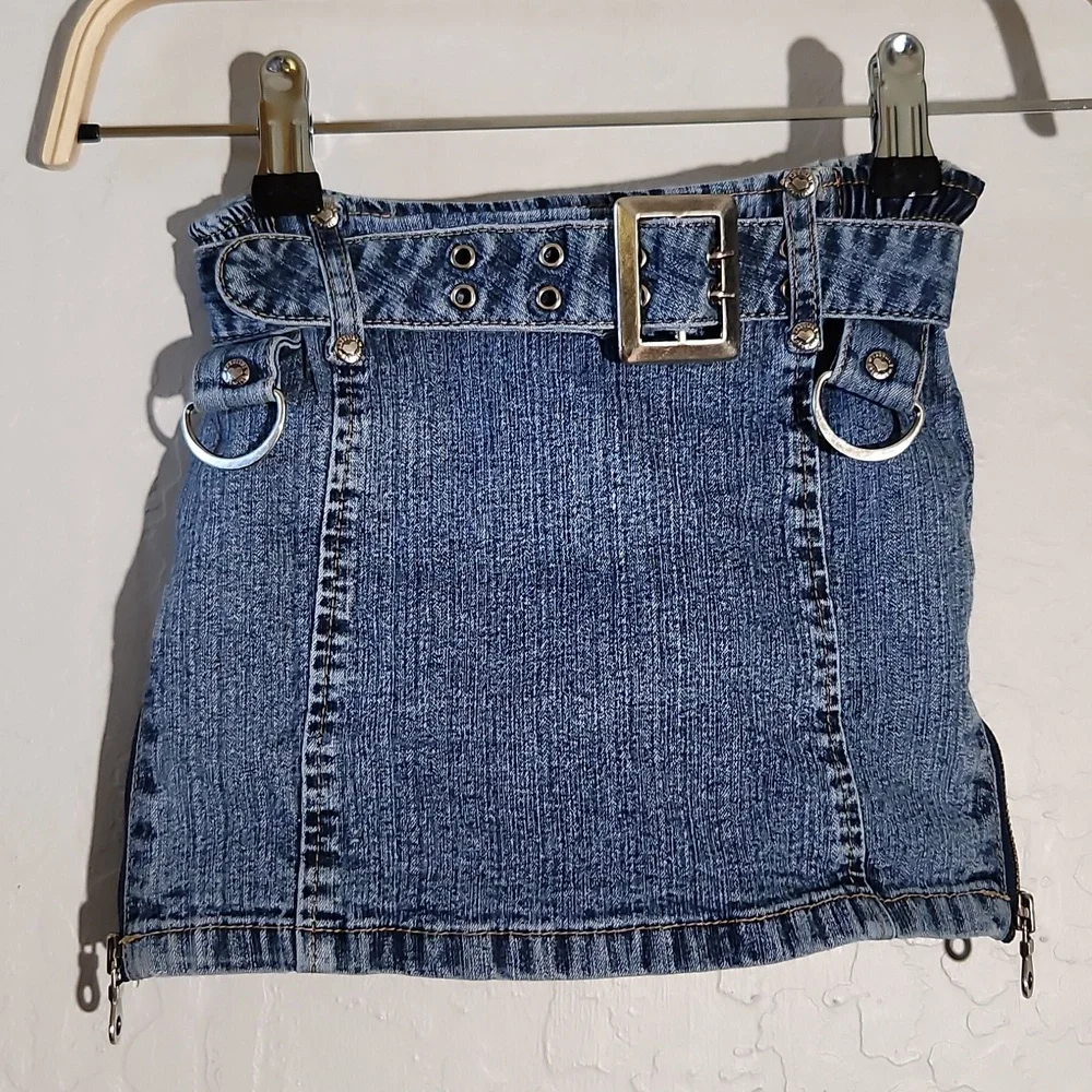GASOLINE 4 Jean Side Zip Detail Mini Skirt with Belt Y2K